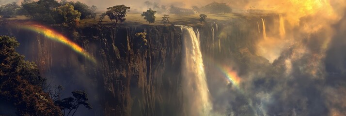 Poster - A breathtaking landscape showcasing a powerful waterfall with a vibrant rainbow amidst golden mist and lush greenery