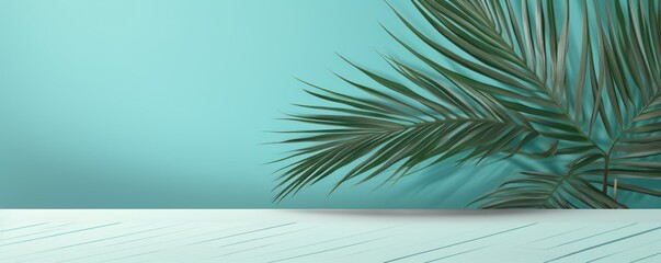 Wall Mural - Turquoise background with palm leaf shadow and white wooden table for product display, summer concept