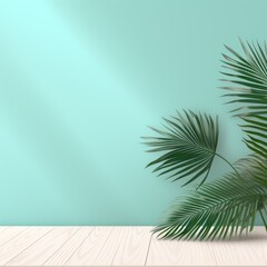 Wall Mural - Turquoise background with palm leaf shadow and white wooden table for product display, summer concept