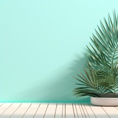 Wall Mural - Turquoise background with palm leaf shadow and white wooden table for product display, summer concept