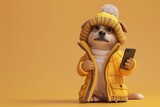 Fototapeta  - Shiba Inu dog dressed for a day of exploration, camera in paw, ready to capture moments and inspire pet fashion influencers everywhere. Petfluenser concept