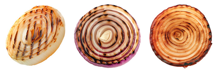 Wall Mural - Set of grilled slices of fresh onions isolated on a white or transparent background. Close-up of fried onions, top view. Design element for grilled food theme.