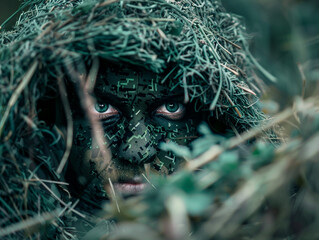 Wall Mural - A soldier hides in a bush with his face covered in paint. Ready to carry out the mission.