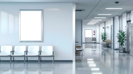 A mockup of an empty white poster on the wall in modern hospital waiting room with comfortable chairs and medical equipment. empty white blank poster on white wall in hospital, white board