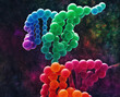 Abstract colorful DNA molecule background.  Data Communication and Transfer of DNA. Futuristic biotechnology concept.