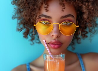 brunette beauty, adorned in yellow glasses, sips a cocktail gracefully through a straw