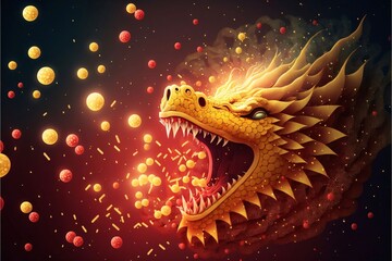 Poster - Chinese dragon with fire and sparks, isolated on black background. Vector illustration.