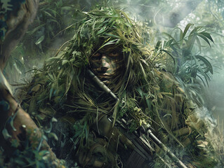 Wall Mural - A soldier hides in a bush with his face covered in paint. Ready to carry out the mission.