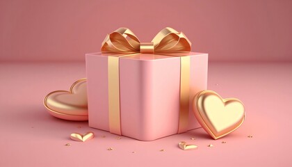 Wall Mural - Gift box with gold bow and hearts on pink background. 3D rendering