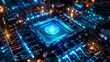 © Artem - Close-up quantum computer processor in a high-tech lab glowing with vibrant blue light amid intricate wiring and metallic surfaces