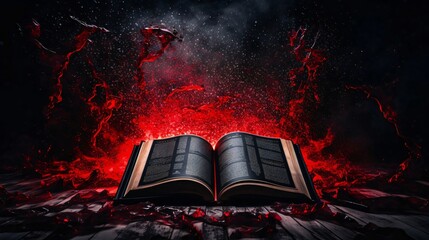 Wall Mural - Open book on old wooden floor with burning pages in dark room.