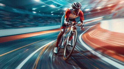 Professional cyclist on a velodrome at high speed with sweep effect. Paris 2024 Olympic Games concept, world sports event in high resolution and high quality