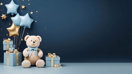 Wall Mural - Teddy bear with gift boxes and stars on blue wall background. 3D Rendering