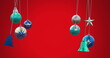 Image of baubles, bells, tree and star hanging against red background