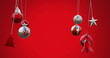 Image of baubles, tree, bells and star swinging against red background