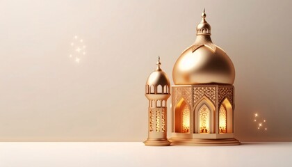 Wall Mural - 3d illustration of beautiful Ramadan Kareem greeting card with golden lantern on white background