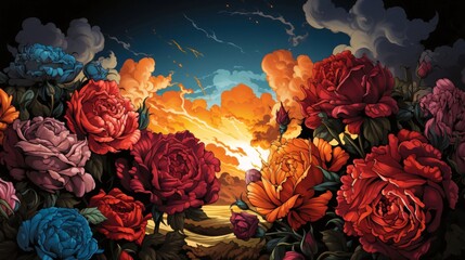 Wall Mural - Bouquet of roses on the background of the sky with clouds