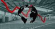 Spinning globe icon and red graph moving over financial data processinggainst empty office