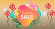 Image of summer sale text over flamingo and balloons on orange background