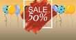 Image of sale 50 percent text over red smudge and balloons on orange background