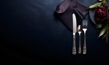 Vintage Cutlery On Dark Blue Background With Copy Space.