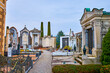 The Cemetery of Sant'Abbondio features rows of tombstones adorned with sculptures, Collina d'Oro, Switzerland