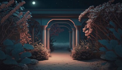 Sticker - 3d render of fantasy garden with arches and plants at night