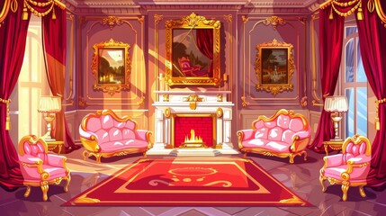 Wall Mural - This modern cartoon illustration shows an empty lounge with red curtains and golden framed paintings in a classic style.