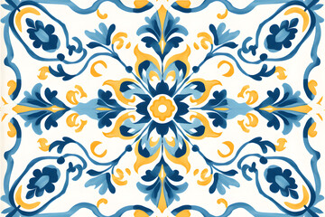 Pattern of azulejos tiles. Rustic blue and yellow tile watercolor seamless pattern