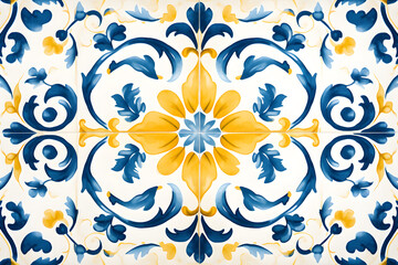 Pattern of azulejos tiles. Rustic blue and yellow tile watercolor seamless pattern