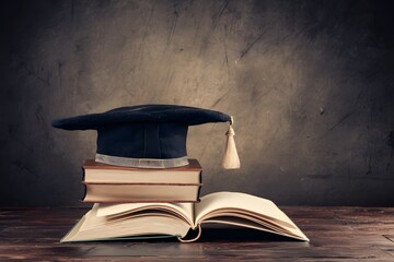academic hat rests on books with free space for text, representing scholarly achievement and educati