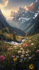 Wall Mural - Beautiful landscape with mountains and blooming flowers in the meadow
