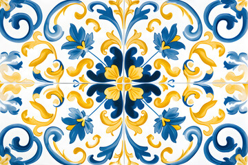 Pattern of Portuguese azulejos tiles. Rustic blue and yellow tile watercolor seamless pattern