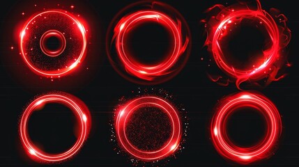 Wall Mural - Modern realistic set of shiny rings and swirls with neon flares and glitter dust isolated on black background. Glow red circles with sparkles and smoke, magic light effect.