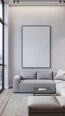 Wall Mural - Interior of a light room. white canvas framed in a very thin black frame, placed on a blank white wall above an L-shaped sofa.