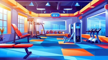 Wall Mural - Poster of a gymnastic center with cartoon interior, fitness club with workout online. Concept of physical training program with cardio exercises.