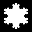 White Koch snowflake, a fractal curve, fifth iteration, over black. Starting with an equilateral triangle, each successive stage is formed by adding outward jags to each side of the previous stage.