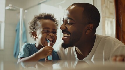 Wall Mural - A man and a child are brushing their teeth together