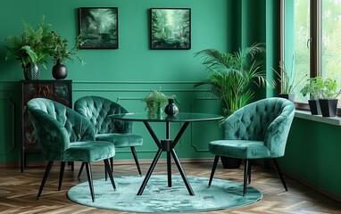 Wall Mural - Designer chairs at round black glass table, and with comfy sofa. Mid-century home interior, design of modern living room.