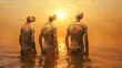 Three golden humanoids stand in the shallows of an orange ocean as they gaze upon the setting sun.