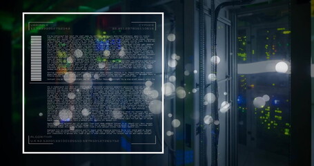 Poster - Image of data processing and light spots over server room on black background