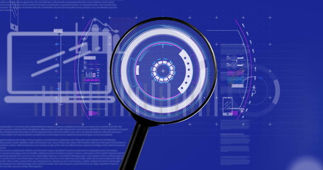 Sticker - Image of financial data processing and magnifying glass over navy background