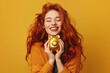 Vibrant photo joyful redhead lady embracing golden piggy bank hands financial success elation
