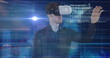 Image of caucasian businessman in vr headset using touchscreen with diverse data