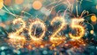 Welcoming the arrival of the year '2025' with illuminated digits, colorful fireworks, and festive atmosphere