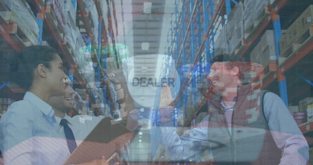 Sticker - Image of data processing over people working in warehouse