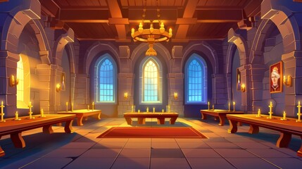 Wall Mural - Banquet hall in medieval palace 2D animation with feast table, candles, and king or queen portraits on a parallax background.