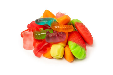 Wall Mural - Assorted colorful gummy candies isolated on a white background. Top view. Jelly  sweets.