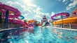 Vibrant water park attractions crisscrossing under the sun, cheerful summer day