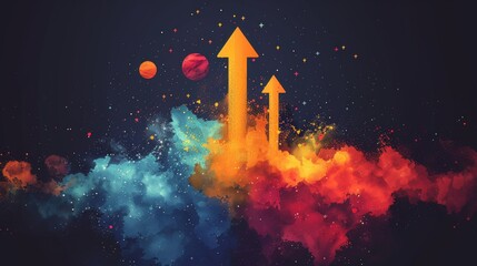 Wall Mural - The modern arrow is up on the laptop screen. Abstract image of Financial growth in the form of planets, stars, and the universe in the form of points, lines, and shapes.